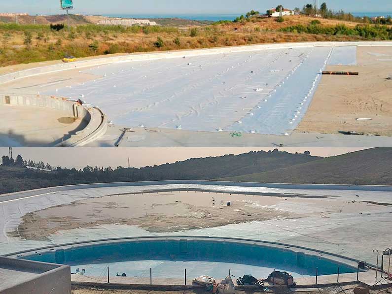 Cantitec realiza los trabajos de impermeabilización de la laguna artificial en la localidad de Casares, provincia de Málaga